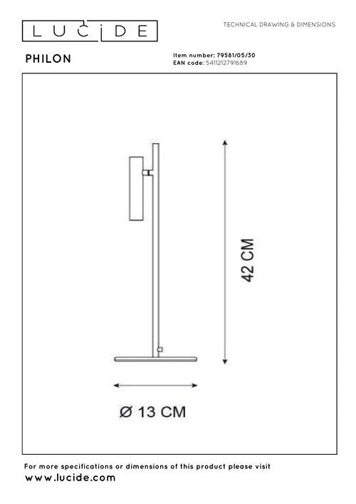 Lucide PHILON - Desk lamp - Ø 13 cm - LED Dim. - 1x4,5W 3000K - Black - technical